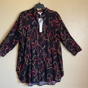 Chic Black Button-Up Blouse with Colorful Print